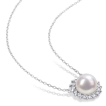 9.5-10MM Freshwater Cultured Pearl and Created Sapphire Earrings &
Pendant Set in Sterling Silver