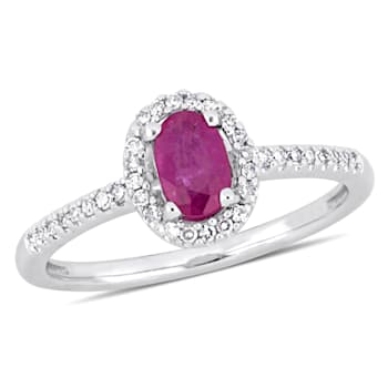 5/8 CT TGW Ruby and 1/8 CT TW Diamond Halo Engagement Ring in 10K White Gold