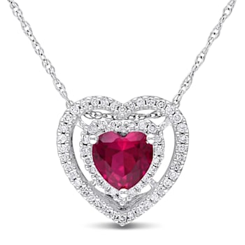 1 CT TGW Created Ruby and 1/5 CT TW Diamond Double Halo Heart Pendant
with Chain 10K White Gold