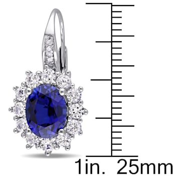 8.00ctw Created Blue and White Sapphire with Diamond Accent Floral Halo
Earrings in Sterling Silver