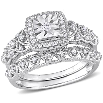 1/3 CT TW Diamond Square Halo Bridal Ring Set in Sterling Silver
