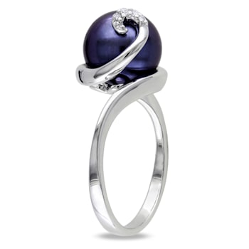 9-9.5MM Black Freshwater Cultured Pearl Ring with Diamonds in Sterling Silver