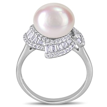 10.5 0 11MM Freshwater Cultured Pearl and 1 1/10 Cubic Zirconia
Geometric Ring in Sterling Silver