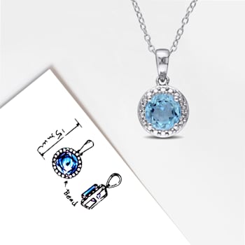 1 3/5 CT TGW Sky Blue Topaz Halo Pendant with Chain in Sterling Silver