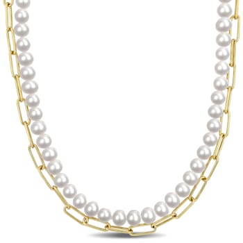 7-7.5 MM Freshwater Cultured Pearl Link Layered Necklace in 18K Yellow
Gold Over Sterling Silver