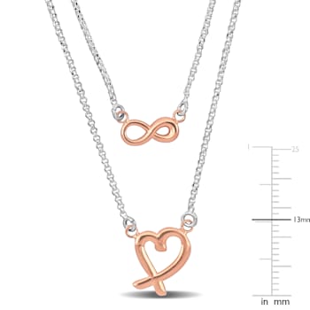 Pink Infinity and Heart Double Strand Necklace in 2-Tone Sterling Silver