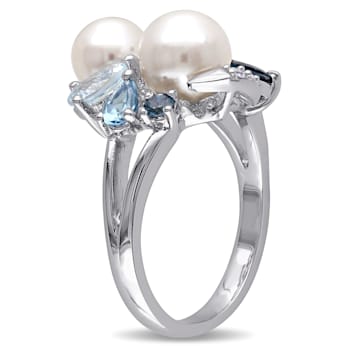6.5-8MM Freshwater Cultured Pearl and Multi Gem Cluster Ring in Sterling Silver