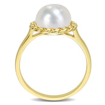 9-9.5MM Freshwater Cultured Pearl Halo Link Ring in Yellow Plated
Sterling Silver