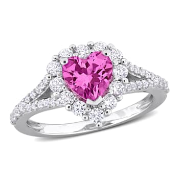 2 1/2 CT TGW Created Pink and White Sapphire Halo Heart Engagement Ring
in Sterling Silver