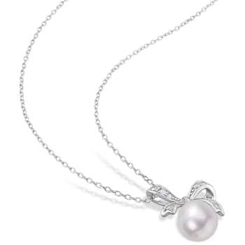 8.5-9MM Freshwater Cultured Pearl and Diamond Accent Bow Pendant with
Chain in Sterling Silver