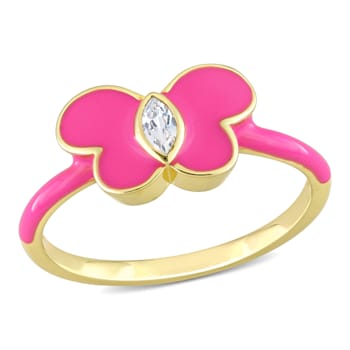 1/8 CT TGW Created White Sapphire Butterfly Pink Enamel Ring in Yellow
Plated Sterling Silver