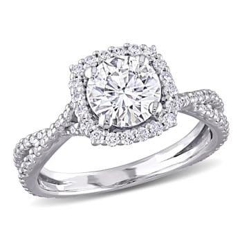 1-1/2 CT DEW Created Moissanite Halo Crossover Engagement Ring in 10K Gold