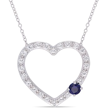 1 5/8 CT TGW Created Blue and White Sapphire Heart Necklace in Sterling Silver