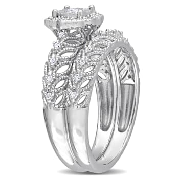 1/4 CT TW Diamond Octagon Halo Bridal Ring Set in Sterling Silver