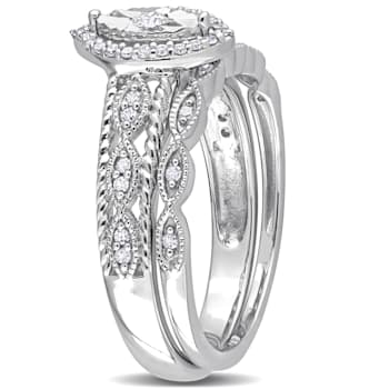 1/5 CT TW Diamond Oval Halo Bridal Ring Set in Sterling Silver