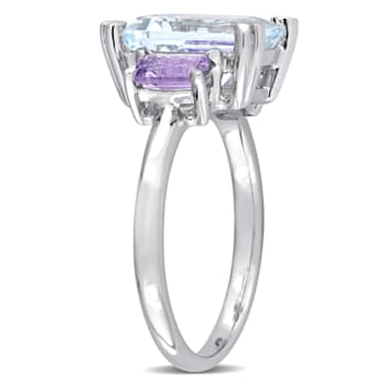 3 2/5 CT TGW Aquamarine and Rose de France 3-Stone Cocktail Ring in
Sterling Silver