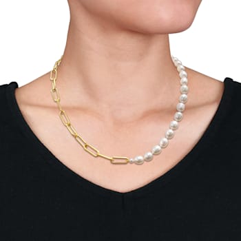 4.5-7.5 MM Freshwater Cultured Pearl Link Chain Necklace in 18K Yellow
Gold Over Sterling Silver