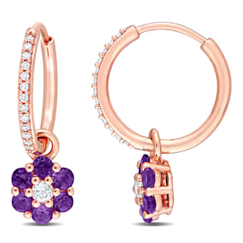 1 1/4 CT TGW Garnet and White Topaz and 1/8 CT TDW Diamond Floral Huggie
Earrings in 10K Rose Gold