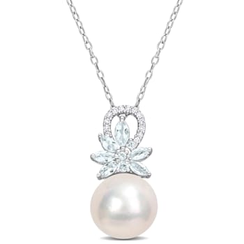 11-12MM Freshwater Cultured Pearl and 5/8 CT TGW Aquamarine and Diamond
Pendant in Sterling Silver