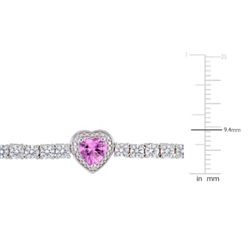 8-3/8 CT TGW Created Pink and White Sapphire Station Halo Heart Tennis
Bracelet in Sterling Silver