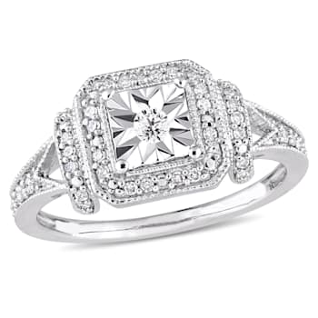 1/5 CT TW Diamond Halo Square Vintage Promise Ring in Sterling Silver