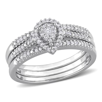 1/4 CT TW Diamond Cluster Pear Shape Halo Bridal Set in Sterling Silver