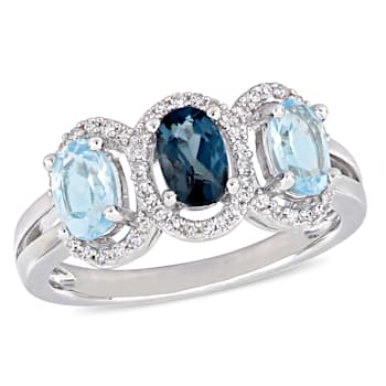 1 3/5 CT TGW London Blue and Sky Blue Topaz with 1/5 CT TW Diamond
3-Stone Ring in Sterling Silver