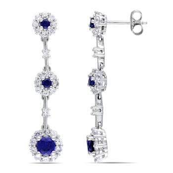 3 1/2 CT TGW Created Blue and White Sapphire Dangle Flower Earrings in
Sterling Silver