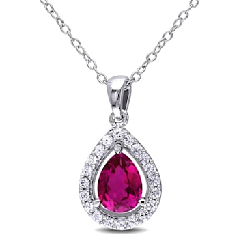 2 1/5 CT TGW  Created Ruby and White Sapphire Teardrop Halo Pendant with
Chain in Sterling Silver