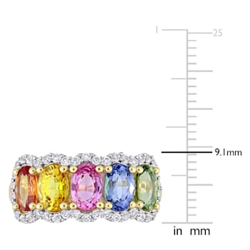 3 1/3 CT TGW Multi-Color Sapphire 5-Stone Halo Ring in 14K Yellow Gold