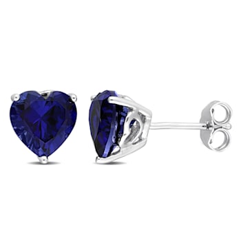 4 1/2 CT TGW Heart Shape Created Blue Sapphire Stud Earrings in Sterling Silver