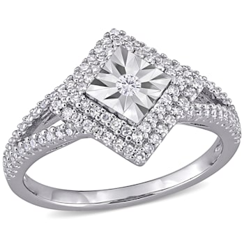 1/2 CT TW Diamond Halo Split Shank Ring in Sterling Silver