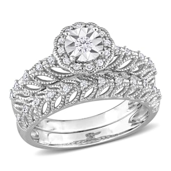 1/4 CT TW Diamond Octagon Halo Bridal Ring Set in Sterling Silver
