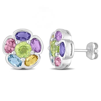 3 3/4 CT TGW Multi Gemstone Floral Stud Earrings in Sterling Silver