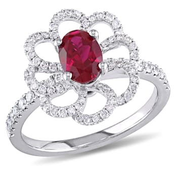 1 CT TGW Ruby and 5/8 CT TW Diamonds Flower Ring in 14K White Gold