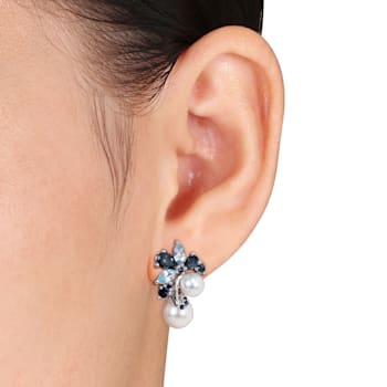 6-8.5MM Freshwater Cultured Pearl & Multi-gems Earrings and Pendant
with Chain in Sterling Silver