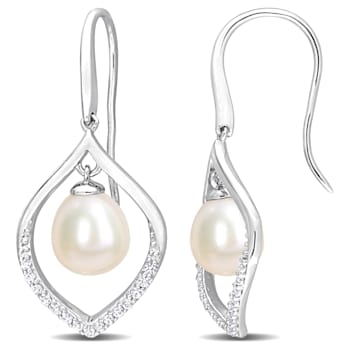 8-8.5MM Freshwater Cultured Pearl and 1/3 CT TGW White Sapphire Earrings
in Sterling Silver