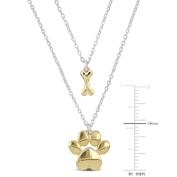 Paw and Bone Charm Double Strand Necklace in 2-Tone Sterling Silver
