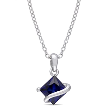1 1/3 CT TGW Created Blue Sapphire Solitair Square Pendant with Chain in
Sterling Silver