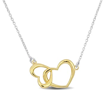Double Heart Charm Necklace in 2-Tone Sterling Silver
