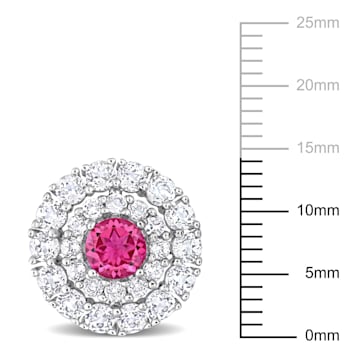 4 3/8 CT TGW Pink and White Topaz Double Halo Stud Earrings in Sterling Silver