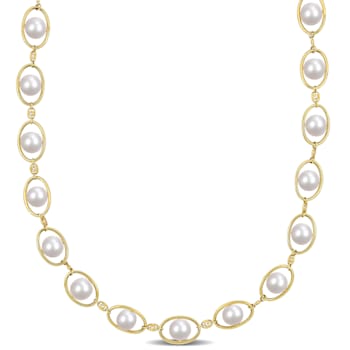 8-8.5 MM Freshwater Cultured Pearl and Cubic Zirconia Necklace 18K
Yellow Gold Over Sterling Silver