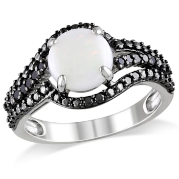 1 1/4 CT TGW Opal and 1/10 CT TW Black Diamond Cocktail Ring in Sterling Silver