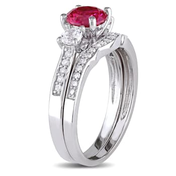 1 1/3 CT TGW Created Ruby, Created White Sapphire and 1/7 CT TW Diamond
Bridal Set in 10K White Gold