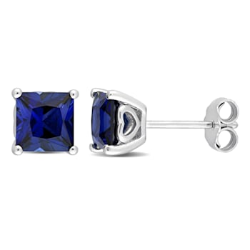 2 5/8 CT TGW Square Created Blue Sapphire Stud Earrings in Sterling Silver