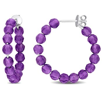 4 CT TGW Amethyst Beaded Hoop Earrings in Sterling Silver