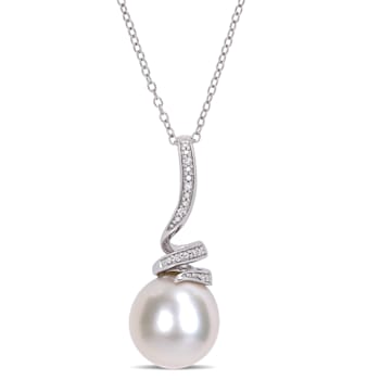 11-12MM Freshwater Cultured Pearl and Diamond Accent Pendant with Chain
in Sterling Silver