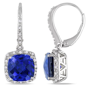 6-1/2ctw Created Blue Sapphire and Diamond Accent Halo Earrings in
Sterling Silver