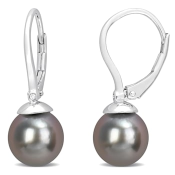 8-8.5 MM Black Tahitian Cultured Pearl and Diamond Accent Earrings in
Sterling Silver