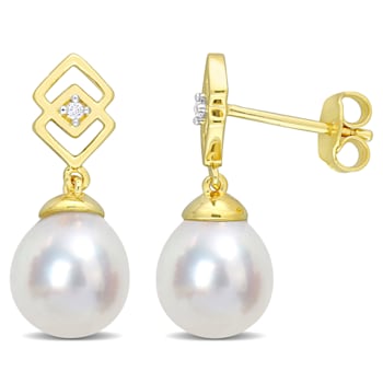 8-9MM South Sea Cultured Pearl and White Topaz Earrings in 14K Yellow
Gold Over Sterling Silver
